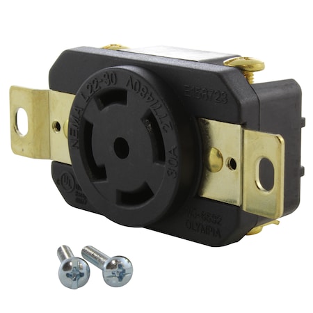 Ac Works Locking Receptacle, L22-30R, 30 A, 277/480V AC, 4 Pole, Flush Mount, Black FML2230R
